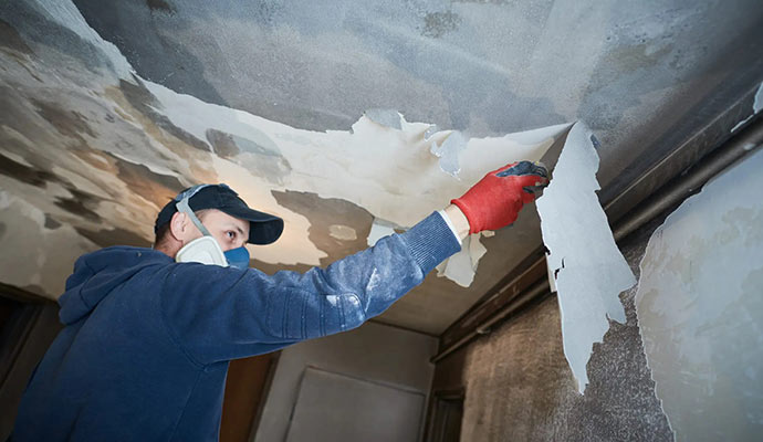 Professional man cleaning fire damaged house